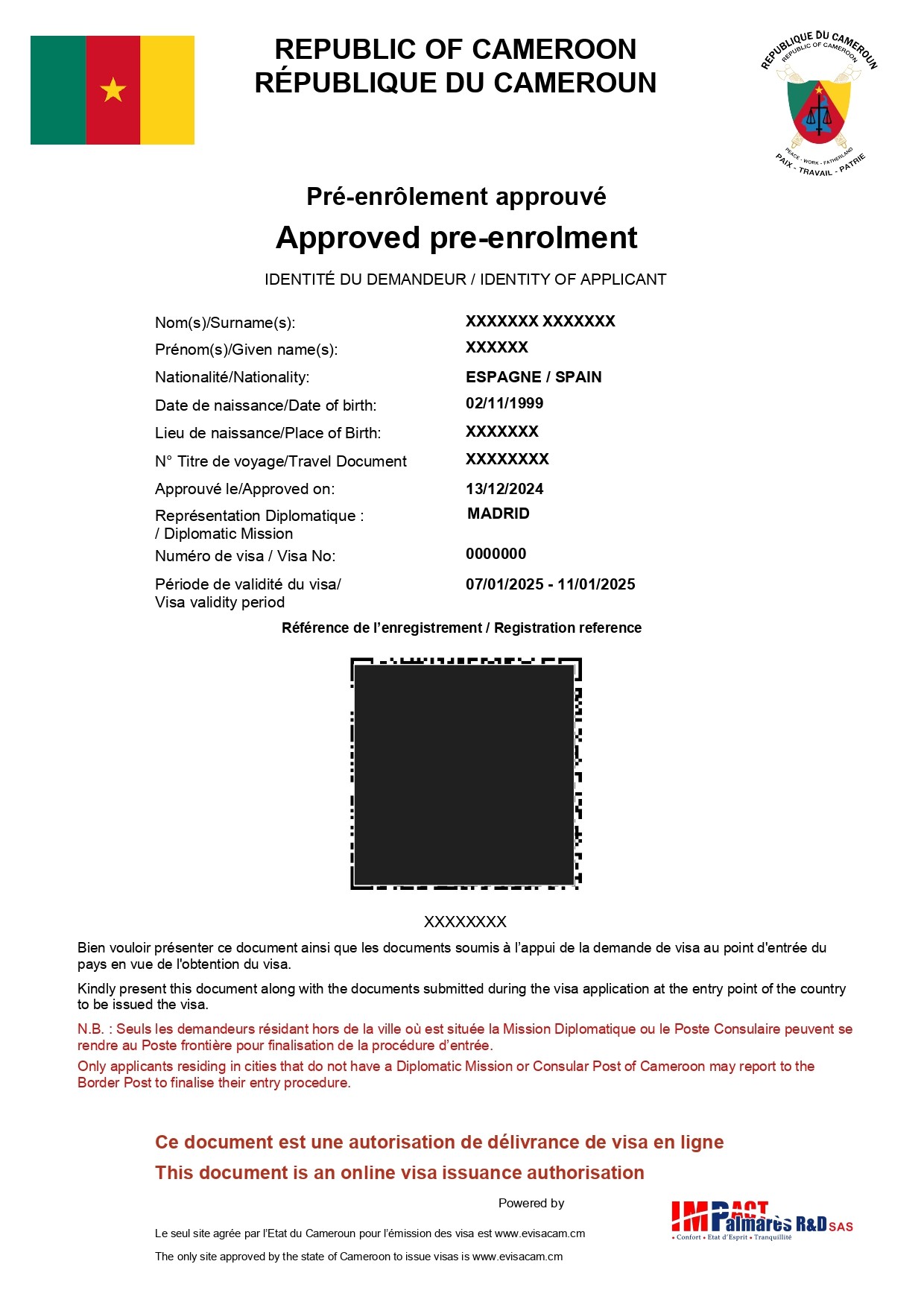 Cameroon eVisa sample document